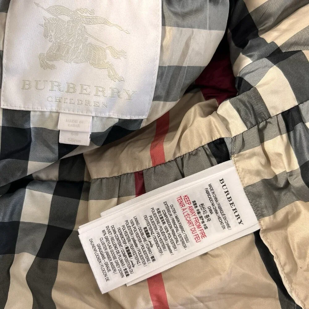 Burberry Puffer Coat Baby Girl 6 Months Maroon Goose Down Hooded Plaid Lined - Picture 4 of 7